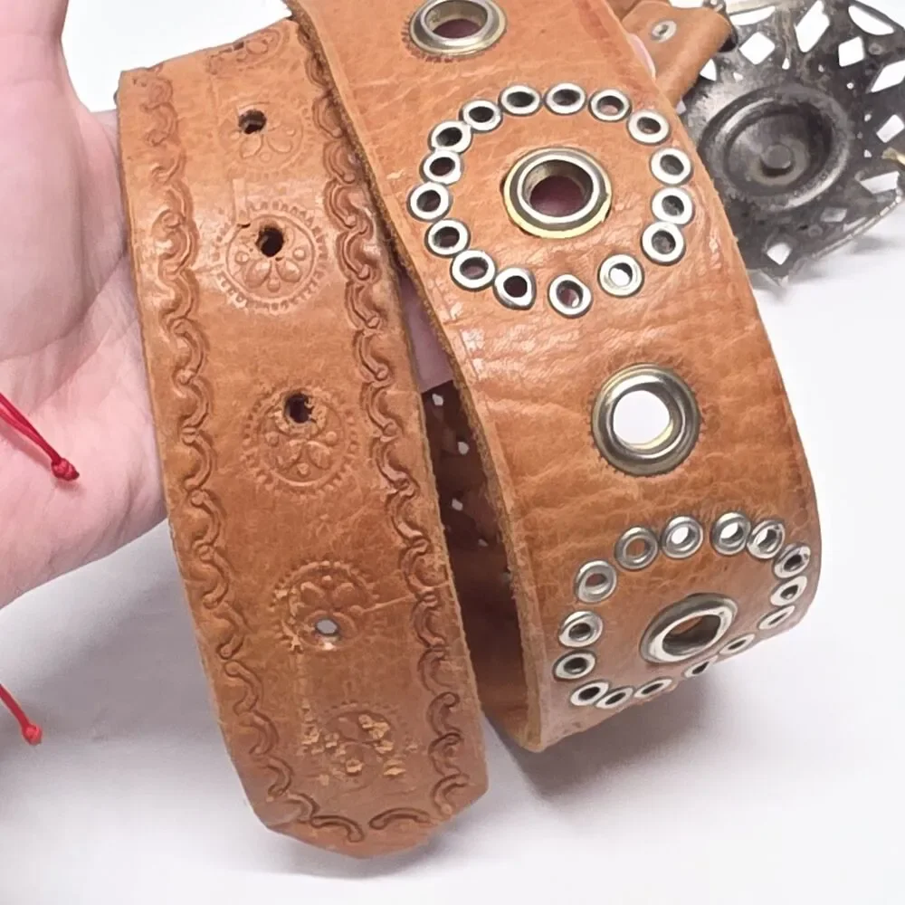 Vintage SEBASTIAN SA ELCHE Hand Tooled Cognac Brown Leather Studded Belt Spain
